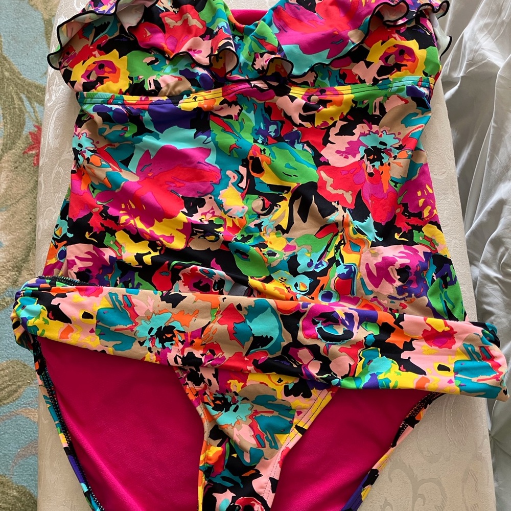 Kenneth Cole Reaction 2 Piece Tankini Swimsuit Floral Print Multi Colored Size M - Picture 7 of 16